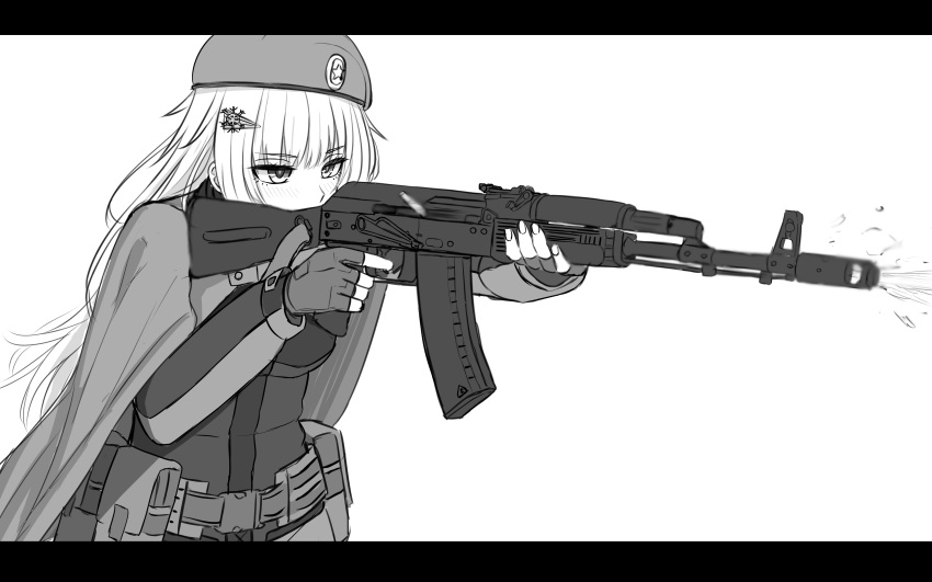 absurdres ak-74m ak74m_(girls'_frontline) ammunition_pouch assault_rifle bangs belt beret casing_ejection cloak commentary_request cowboy_shot eyebrows_behind_hair fingerless_gloves firing girls_frontline gloves greyscale gun hair_ornament hairclip hat highres holding holding_gun holding_weapon kalashnikov_rifle long_hair long_sleeves monochrome muzzle muzzle_flash pouch rifle shell_casing shirt sidelocks tactical_clothes utility_belt weapon white_background yakob_labo