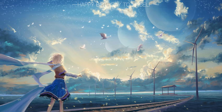 1girl arm_warmers blonde_hair blue_skirt brown_shirt brown_skirt clouds cloudy_sky dawn english_text facing_away from_behind highres layered_skirt lens_flare long_scarf merlimambrosuis mizuhashi_parsee outdoors railroad_tracks scarf shirt short_hair short_sleeves skirt sky star_(sky) starry_sky touhou train_station water_world white_bird white_scarf wide_shot wide_sleeves wind_turbine