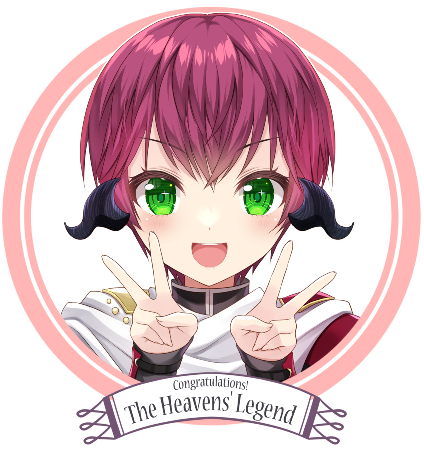1girl :d au_ra bangs cape cropped_torso double_v dragon_horns english_text final_fantasy final_fantasy_xiv green_eyes hair_between_eyes hands_up highres horns long_sleeves looking_at_viewer minatsuki_alumi purple_hair short_hair simple_background sleeves_past_wrists smile solo upper_body v v-shaped_eyebrows white_background white_cape