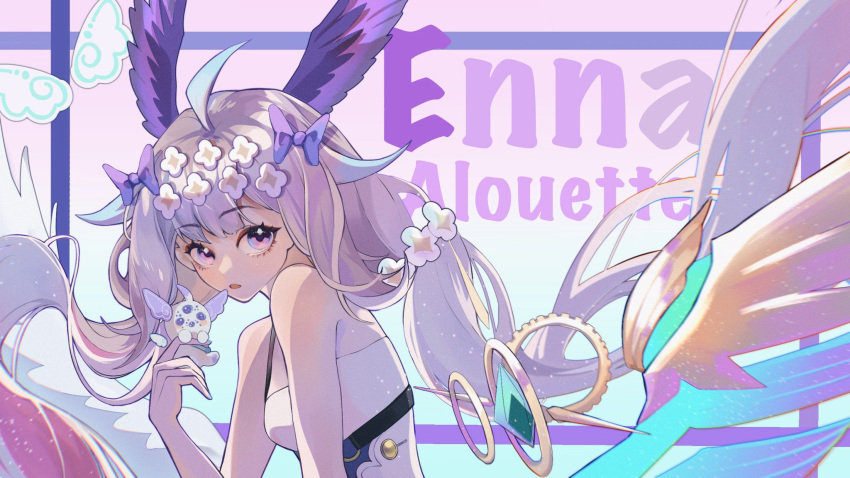 1girl 1other absurdly_long_hair ahoge aloupeep_(enna_alouette) aqua_nails bangs bird_girl blonde_hair blue_background blue_dress blue_hair bow breasts character_name dress enna_alouette eyelashes flower gradient gradient_background hair_bow hair_flower hair_ornament head_wings highres lili67071481 long_hair looking_to_the_side low_twintails mechanical_wings multicolored_hair nail_polish nijisanji nijisanji_en panels purple_background purple_bow purple_dress purple_wings sleeveless small_breasts twintails very_long_hair violet_eyes virtual_youtuber white_flower white_legwear wings