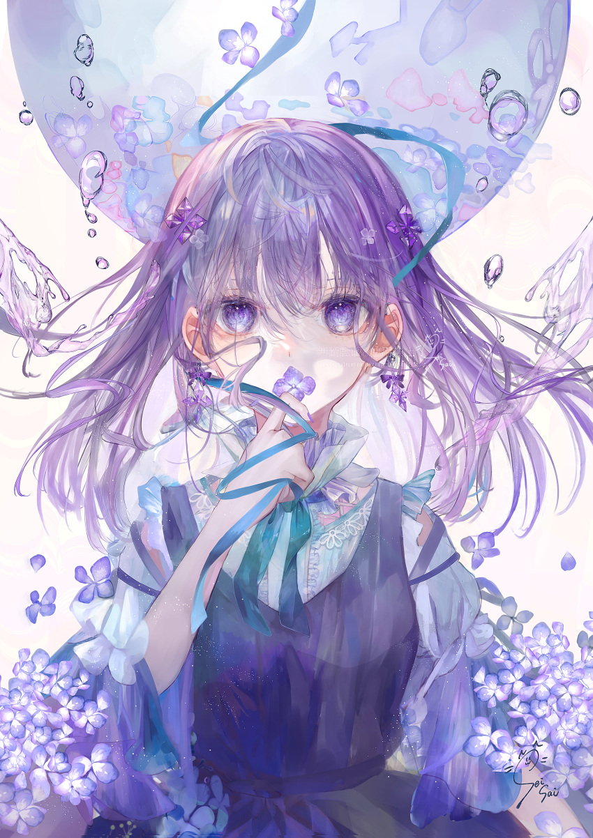 1girl absurdres bangs bow diamond_(shape) diamond_hair_ornament dress flower frilled_shirt_collar frilled_sleeves frills hair_ornament hand_on_own_face highres holding holding_flower hydrangea lace-trimmed_shirt lace_trim long_hair looking_at_viewer original purple_bow purple_dress purple_hair purple_ribbon ribbon seisaiminty shirt short_sleeves signature solo violet_eyes water water_drop white_shirt