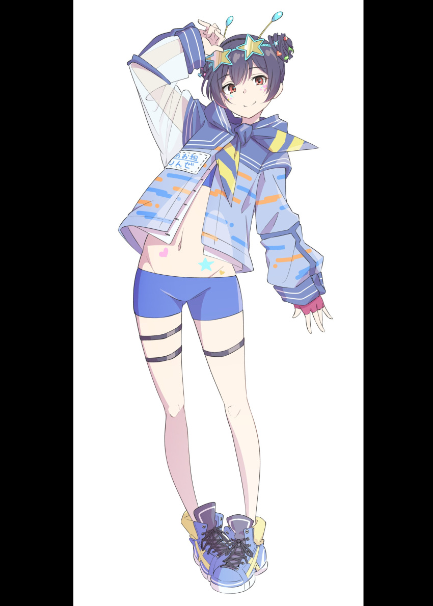 1girl absurdres antennae arm_up bangs black_hair blue_footwear blue_jacket blue_shorts commentary double_bun eito12 eyewear_on_head fingerless_gloves full_body gloves groin hair_bun hair_ornament heart heart_hair_ornament highres idolmaster idolmaster_shiny_colors jacket legs long_sleeves looking_at_viewer morino_rinze musical_note musical_note_hair_ornament name_tag navel red_eyes red_gloves see-through see-through_sleeves shoes short_shorts shorts single_glove smile sneakers solo standing star_(symbol) star_hair_ornament stomach thigh_strap thighs