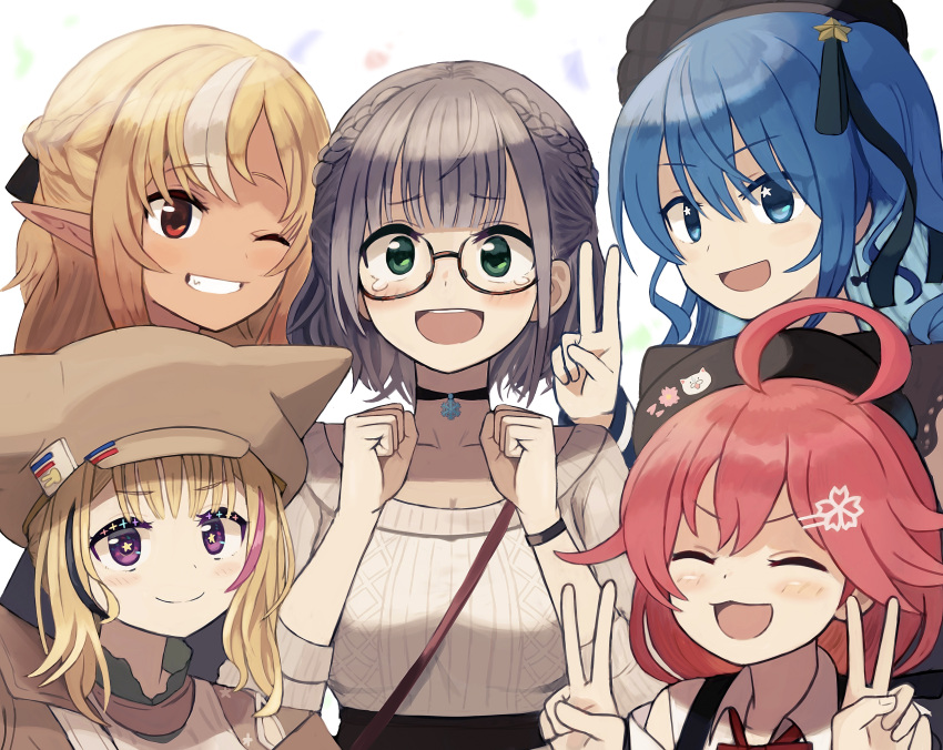 5girls absurdres black_hair blonde_hair blue_eyes blue_hair braid breasts choker clenched_hands commentary dark-skinned_female dark_skin double_v glasses grey_hair grin hair_ornament hairclip hat highres hololive hoshimachi_suisei kaigaraori large_breasts multicolored_hair multiple_girls omaru_polka one_eye_closed pink_hair pointy_ears sakura_miko shiranui_flare shiranui_kensetsu shirogane_noel smile star-shaped_pupils star_(symbol) star_in_eye symbol-shaped_pupils symbol_in_eye tears v violet_eyes virtual_youtuber wristband