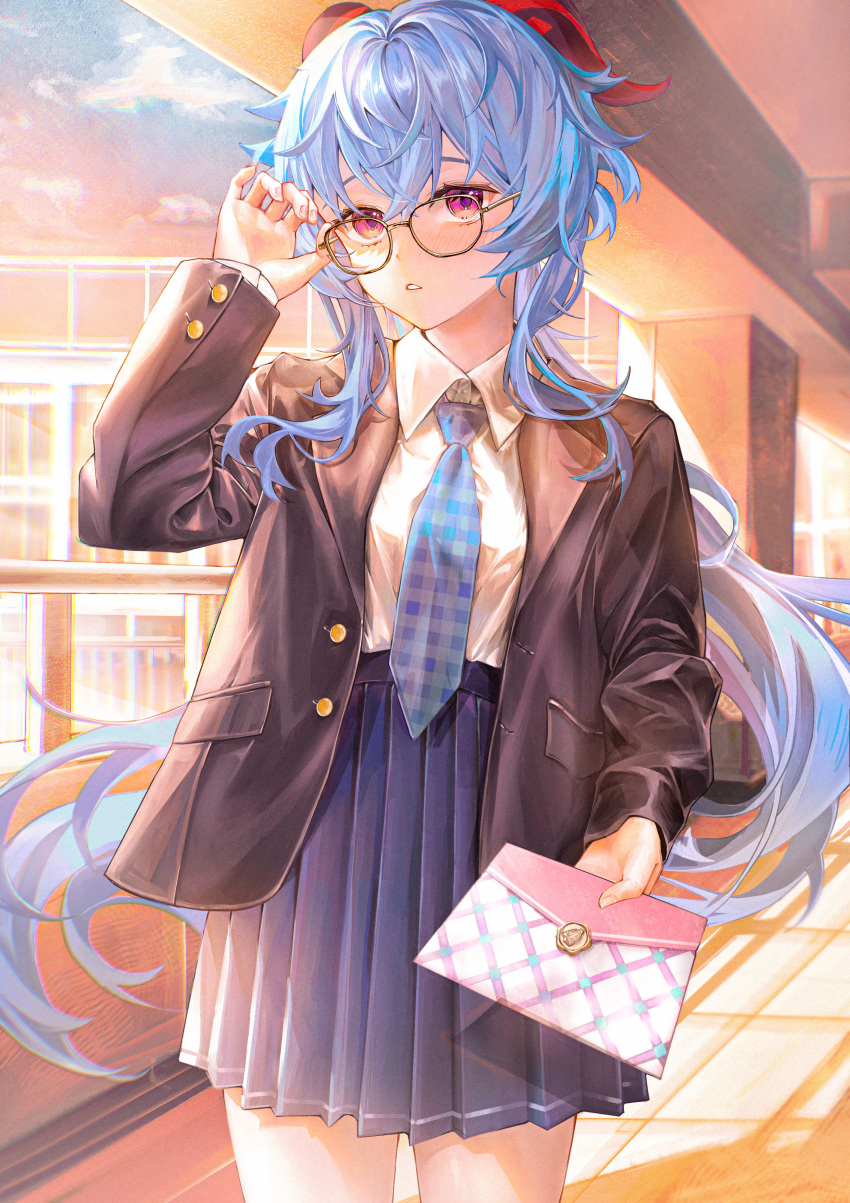 1girl absurdres adjusting_eyewear ahoge arrrrrry1 bangs blazer blue_hair blue_skirt cowboy_shot envelope evening ganyu_(genshin_impact) genshin_impact glasses highres holding holding_envelope holding_letter horns jacket letter long_hair looking_at_viewer necktie parted_lips school_uniform sidelocks skirt solo standing violet_eyes