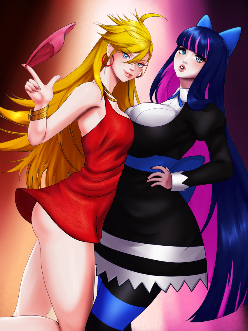 2girls absurdres angel ass bangs blonde_hair breasts colored_inner_hair dress heaven highres large_breasts long_hair looking_at_viewer medium_breasts melkcoffee multicolored_hair multiple_girls no_panties open_mouth panty_&amp;_stocking_with_garterbelt panty_(psg) red_dress self_upload stocking_(psg) striped striped_legwear thigh-highs two-tone_hair