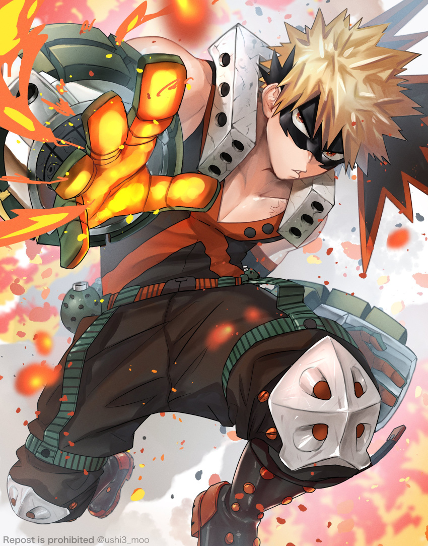 1boy absurdres bakugou_katsuki black_footwear black_legwear blonde_hair boku_no_hero_academia boots explosive eye_mask fighting_stance gloves grenade gun highres knee_pads male_focus orange_gloves red_eyes solo spiky_hair ushi3_moo weapon