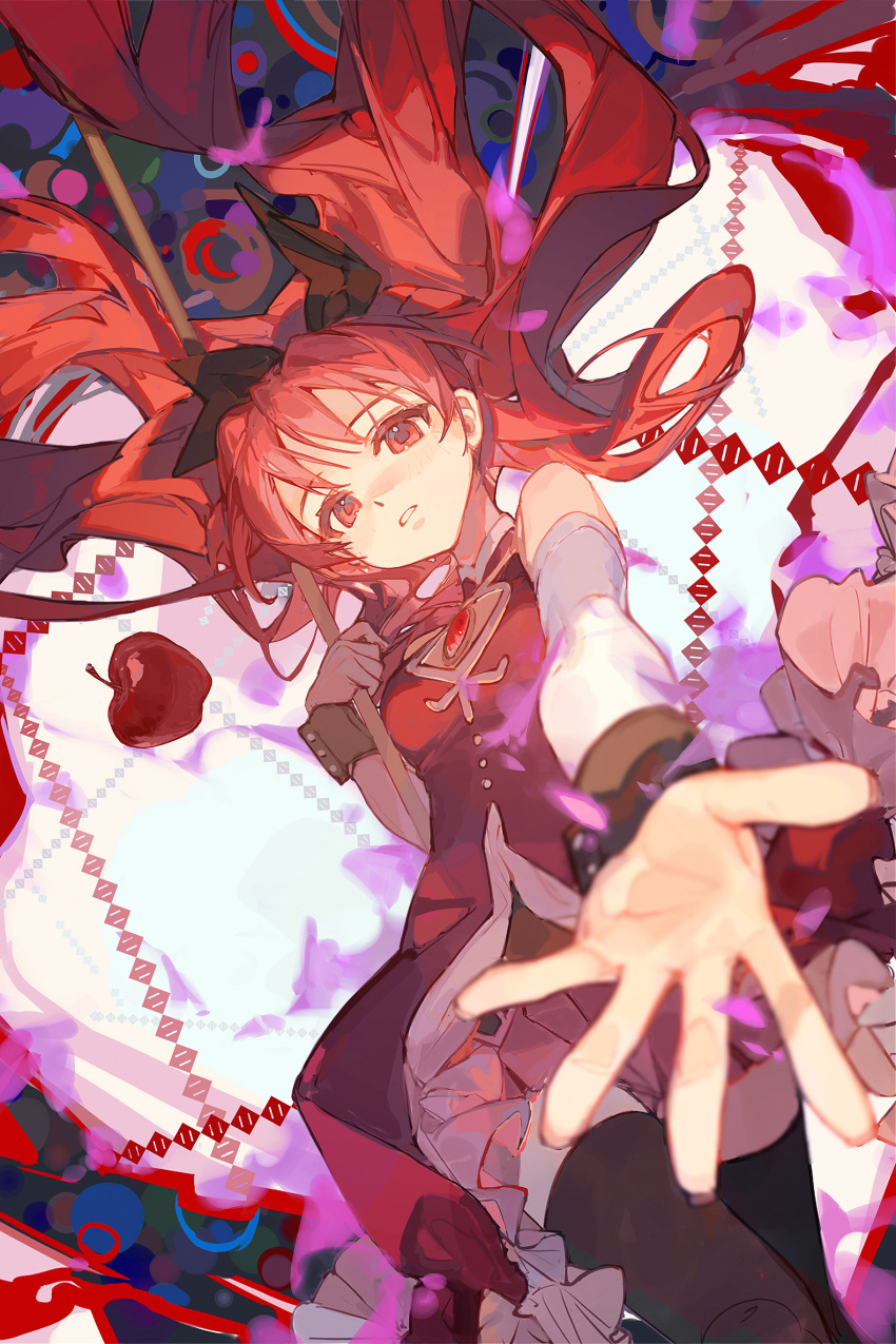 1girl apple arrow_(projectile) bangs black_legwear blurry blurry_foreground ciloranko commentary_request dress dutch_angle food fruit highres long_hair looking_at_viewer lying mahou_shoujo_madoka_magica open_mouth reaching_out red_apple red_dress red_eyes redhead solo