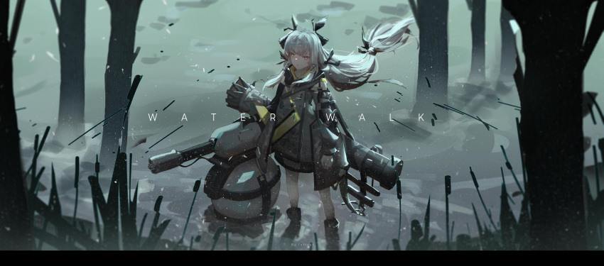 1girl :o absurdres arknights artist_name boots cannon detached_sleeves english_text forest full_body grey_hair hair_ornament highres jacket letterboxed loftcat long_hair low-tied_long_hair nature parted_lips red_eyes robot serious solo standing tree wading weedy_(arknights) wind wind_lift x_hair_ornament