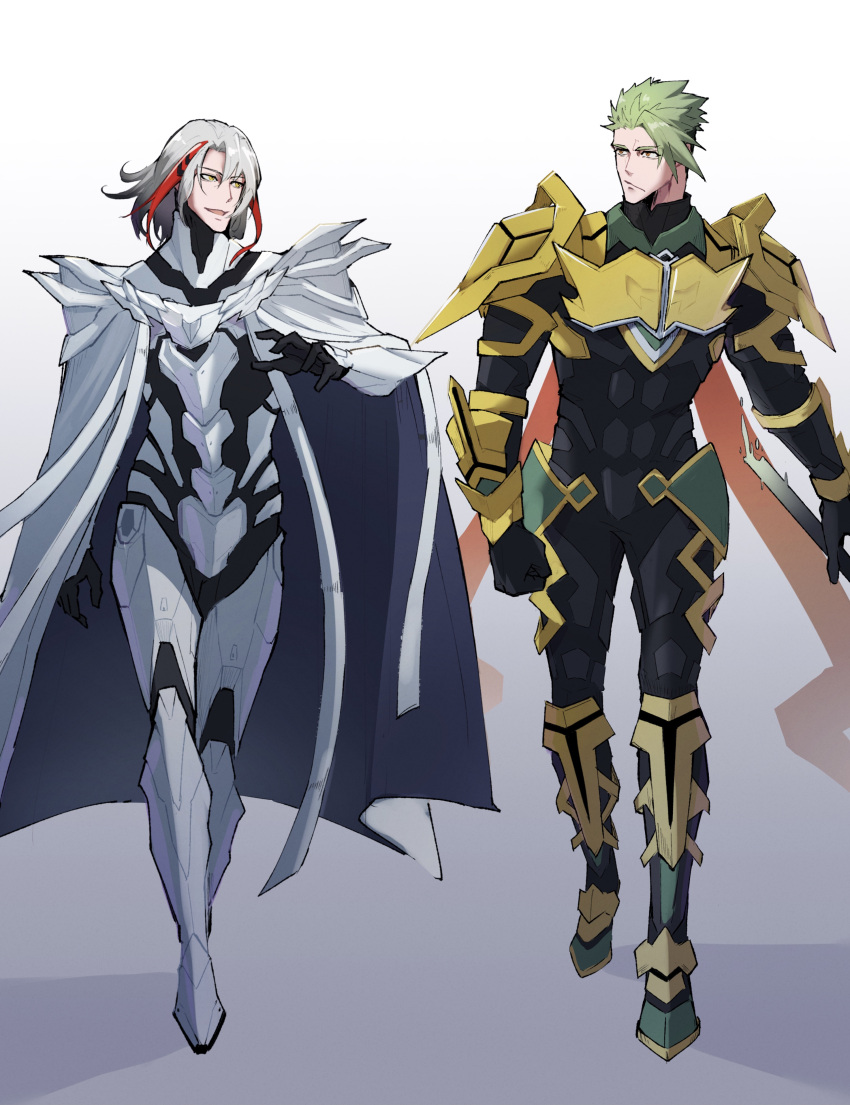 2boys absurdres achilles_(fate) armor cape fate/grand_order fate_(series) full_body green_hair haruakira highres multiple_boys no_headwear no_helmet odysseus_(fate) simple_background white_hair yellow_eyes
