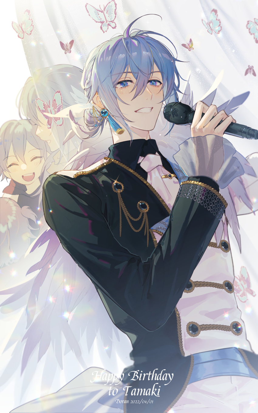 1boy absurdres bishounen blue_eyes blue_hair blush bug butterfly diffraction_spikes dorandoran earrings formal fur happy_birthday highres holding holding_microphone idolish_7 jewelry lens_flare long_sleeves looking_at_viewer looking_down low_ponytail male_focus microphone military_jacket see-through semi-transparent smile solo sparkle suit yotsuba_tamaki