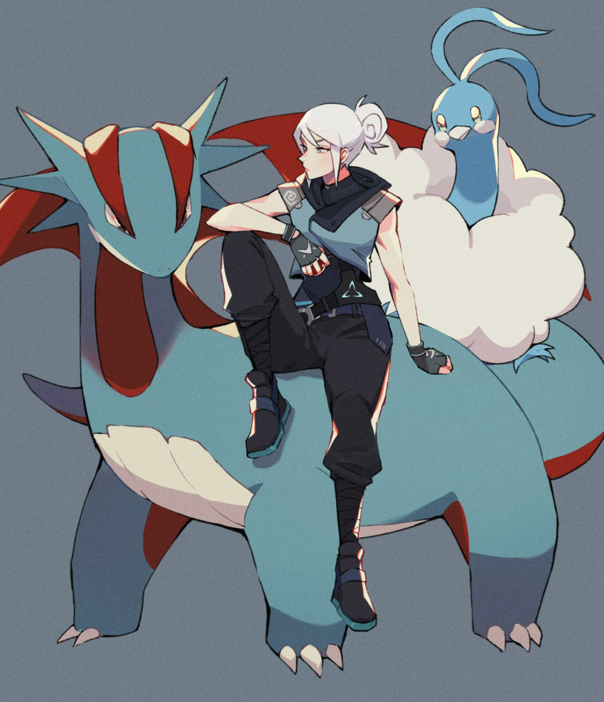 1girl altaria black_footwear black_pants blue_eyes boots cropped_jacket crossover grey_background grey_hair hair_behind_ear hair_bun highres holding holding_poke_ball hyoon_(sockgyu) jett_(valorant) looking_to_the_side pants poke_ball pokemon pokemon_(creature) salamence sitting sleeveless sleeveless_jacket valorant