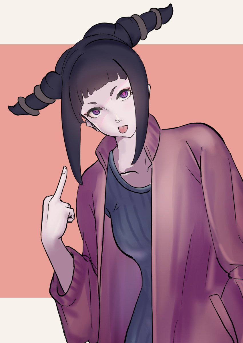 1girl absurdres black_hair closed_mouth collarbone hair_horns han_juri hand_in_pocket highres looking_at_viewer medium_hair middle_finger open_clothes pink_pupils solo street_fighter tongue tongue_out urewe_fubu violet_eyes