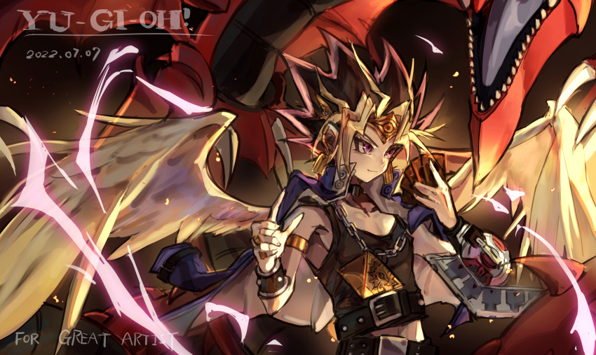 1boy a_yue angel_wings atem bangs black_hair blonde_hair card chain copyright_name dated dragon duel_disk duel_monster earrings english_commentary english_text highres jewelry male_focus millennium_puzzle multicolored_hair mutou_yuugi osiris_the_sky_dragon redhead short_hair smile spiky_hair takahashi_kazuki_(person) upper_body wings yami_yuugi yu-gi-oh! yu-gi-oh!_duel_monsters