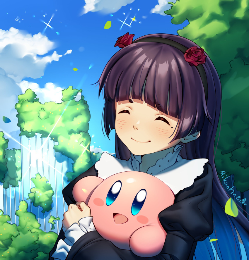 black_hair black_jacket blue_sky blush closed_eyes clouds collar falling_leaves frilled_collar frilled_sleeves frills gokou_ruri gothic_lolita highres hime_cut jacket kirby kirby_(series) kirby_and_the_forgotten_land leaf lolita_fashion mikantine mole mole_under_eye ore_no_imouto_ga_konna_ni_kawaii_wake_ga_nai sky smile sparkle