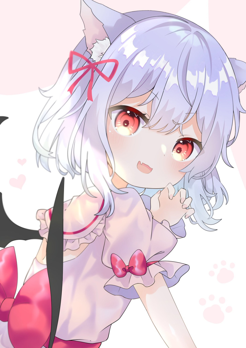 1girl :d animal_ear_fluff animal_ears bangs bat_wings black_wings cat_ears fang hair_ribbon heart heart-shaped_pupils highres looking_at_viewer open_mouth pafe_yuzuran petticoat pink_shirt purple_hair red_eyes red_ribbon remilia_scarlet ribbon shirt short_hair simple_background skin_fang smile symbol-shaped_pupils touhou upper_body white_background wings