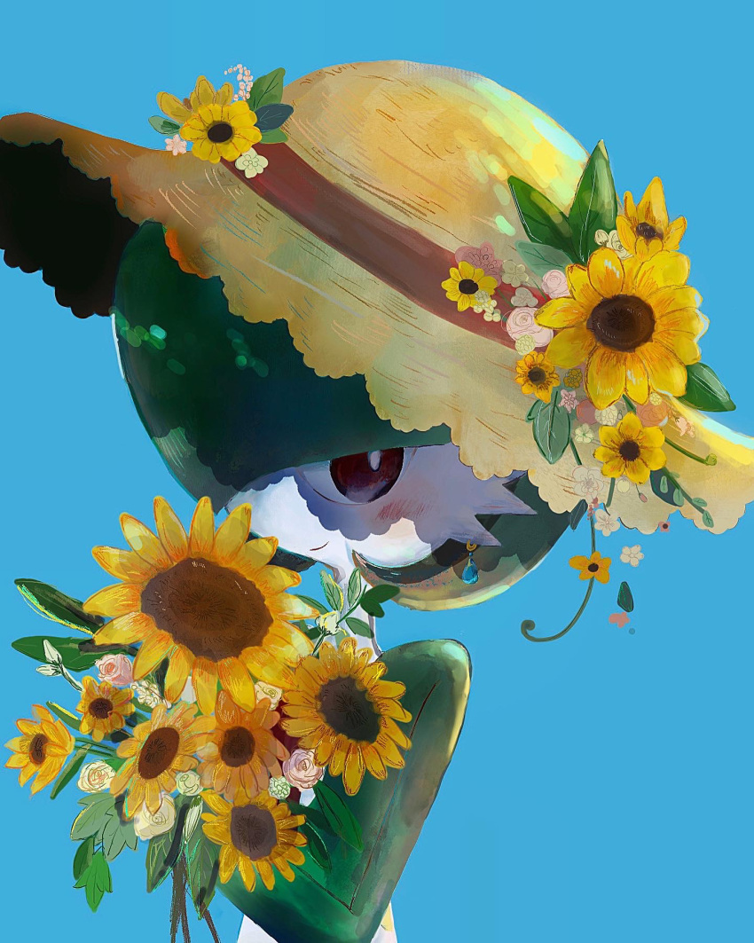 1girl bangs blue_background blush bob_cut bouquet bright_pupils closed_mouth clothed_pokemon colored_skin commentary_request earrings flower gardevoir green_hair green_skin hair_over_one_eye hand_up happy hat hat_flower highres holding holding_bouquet jewelry jpeg_artifacts looking_to_the_side multicolored_skin one_eye_covered partial_commentary pink_flower pokemon pokemon_(creature) red_eyes short_hair sideways_mouth simple_background smile solo straw_hat sun_hat sunflower two-tone_skin upper_body white_flower white_pupils white_skin yellow_flower yellow_headwear yurame