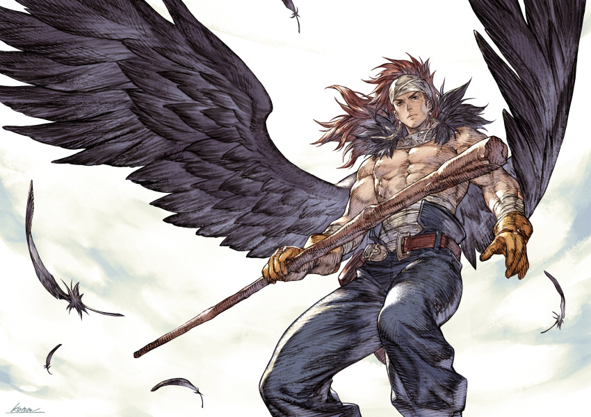 1boy belt black_eyes black_pants black_wings brown_belt brown_hair canopus_wolph chest_sarashi closed_mouth earrings feathered_wings feet_out_of_frame flying gloves headband highres holding holding_staff jewelry kotatsu_(g-rough) looking_at_viewer male_focus pants sarashi solo spread_wings staff tactics_ogre topless_male wings yellow_gloves