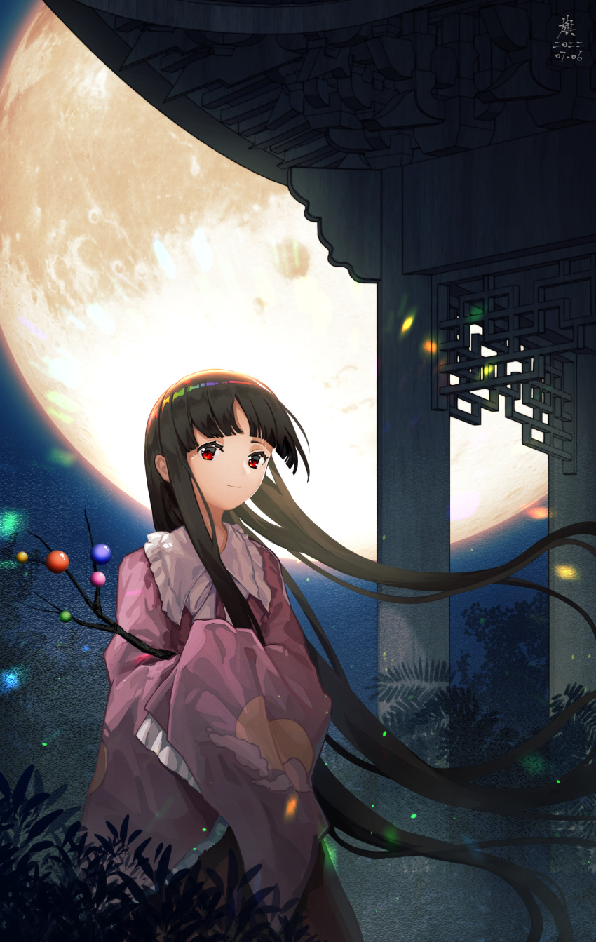 1girl architecture bangs black_hair blunt_bangs bow bowtie branch building bush chinese_commentary commentary_request cowboy_shot dated east_asian_architecture frilled_shirt_collar frilled_sleeves frills full_moon furahata_gen highres houraisan_kaguya huge_moon jeweled_branch_of_hourai long_hair long_sleeves looking_at_viewer moon night night_sky pink_shirt red_eyes red_skirt shirt signature skirt sky smile solo touhou very_long_hair white_bow wide_sleeves