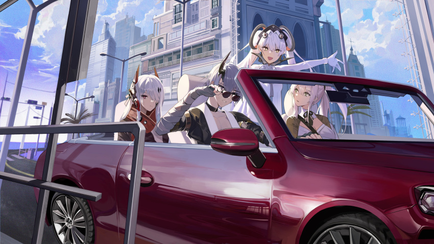 1boy 3girls absurdres animal_ears arm_up bangs black_jacket blue_sky brown_shirt building buri_(retty9349) car character_request clouds commentary_request convertible copyright_request ground_vehicle highres jacket light_frown long_hair looking_at_another looking_at_viewer motor_vehicle multiple_girls purple_sky red_eyes red_shirt road shirt short_hair sitting sky smile standing sunglasses traffic_light wheel white_hair white_shirt yellow_eyes