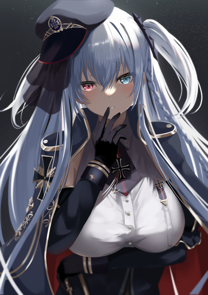 1girl absurdres azur_lane black_background black_gloves black_headwear blue_eyes breasts coat coat_on_shoulders cross elbing_(azur_lane) framed_breasts gloves gold_trim grey_coat hand_to_own_mouth heterochromia highres iron_cross large_breasts long_hair looking_at_viewer red_eyes shadow shirt simple_background solo two_side_up upper_body urabesunahito very_long_hair white_hair white_shirt