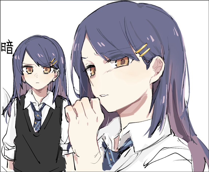 1girl an_sin aonami_school_uniform arms_at_sides bangs black_vest blue_necktie clenched_hand closed_mouth collared_shirt cropped_shoulders disgust dot_nose eyes_visible_through_hair furrowed_brow hair_behind_ear hair_ornament hairclip hand_up highres kurara_(madoka_magica) long_hair looking_at_viewer loose_necktie magia_record:_mahou_shoujo_madoka_magica_gaiden mahou_shoujo_madoka_magica multiple_views necktie orange_eyes parted_lips portrait purple_hair school_uniform shirt simple_background single_sidelock sketch sleeves_rolled_up swept_bangs upper_body v-neck v-shaped_eyebrows vest white_background white_shirt