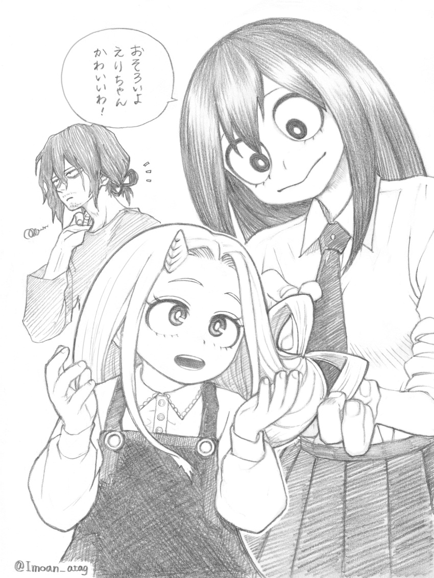 1boy 2girls absurdres alternate_hairstyle asui_tsuyu boku_no_hero_academia bow-shaped_hair child closed_mouth collared_shirt commentary_request dress eraser_head_(boku_no_hero_academia) eri_(boku_no_hero_academia) facial_hair female_child frown graphite_(medium) greyscale hair_ribbon hairdressing highres horns imoan_atag long_hair long_sleeves looking_at_another monochrome multiple_girls necktie open_mouth pleated_skirt ribbon shirt single_horn skirt smile stubble traditional_media twitter_username