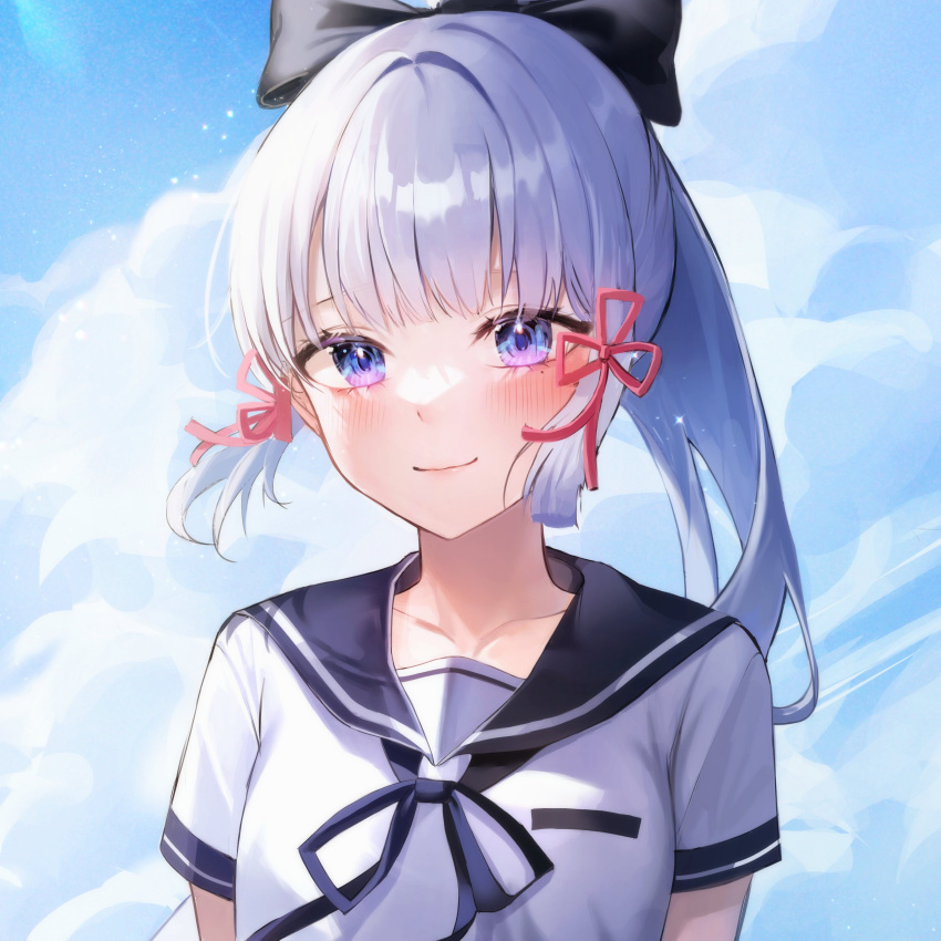 1girl absurdres alternate_costume bangs black_bow blue_eyes blue_sailor_collar blue_sky blunt_bangs blunt_tresses bow breasts chaerom clouds cloudy_sky collarbone commentary english_commentary flower_knot genshin_impact gradient_eyes hair_bow hair_ribbon highres kamisato_ayaka long_hair looking_at_viewer mole mole_under_eye multicolored_eyes ponytail ribbon sailor_collar school_uniform serafuku short_sleeves sky small_breasts smile solo tress_ribbon unfinished upper_body white_hair