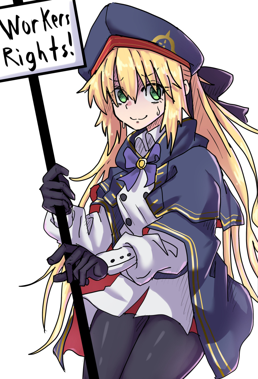 1girl absurdres artoria_caster_(fate) artoria_pendragon_(fate) black_gloves black_legwear blonde_hair bow bowtie buttons double-breasted english_text fate/grand_order fate_(series) gloves green_eyes grey_cloak hair_between_eyes hair_bow hat highres jacket looking_at_viewer pantyhose purple_bow shaded_face sign solo sweat white_jacket youngmanisdown
