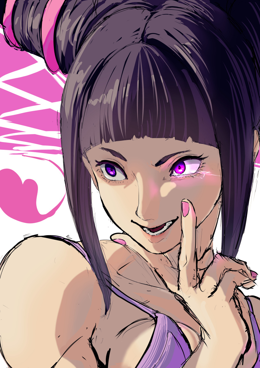 1girl absurdres bangs bare_shoulders black_hair electricity fingernails glowing glowing_eye han_juri heart highres lower_teeth medium_hair open_mouth pink_nails sketch smile solo street_fighter teeth upper_body urewe_fubu v_over_mouth violet_eyes