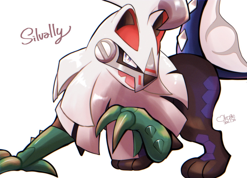 bright_pupils character_name claws commentary_request dated fang grey_eyes highres looking_up no_humans okoge_(simokaji) open_mouth pokemon pokemon_(creature) signature silvally solo squatting white_pupils