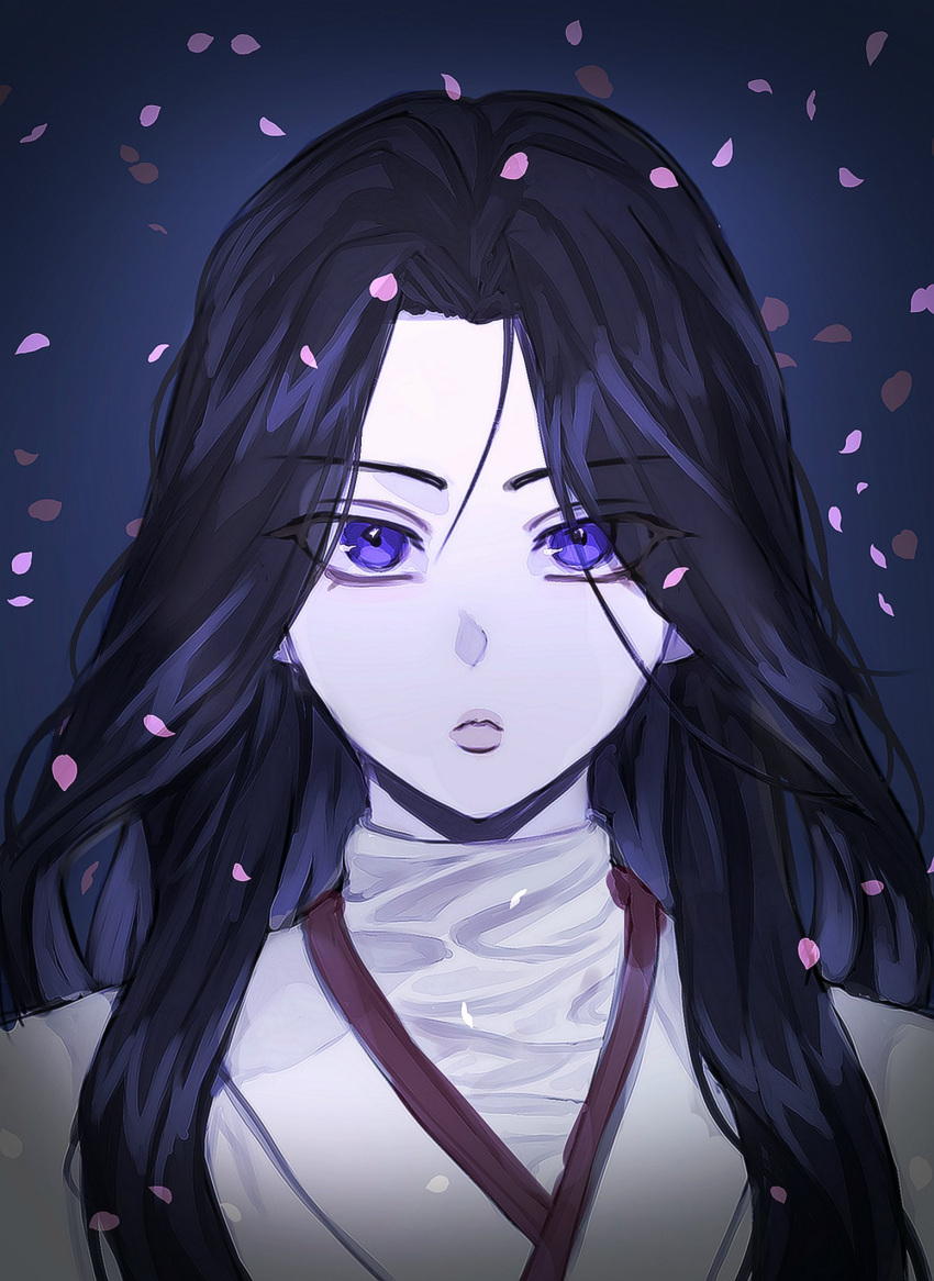 1girl black_background black_hair face falling_petals glowing highres long_hair looking_at_viewer nwwcft petals return_of_the_mount_hua_sect solo turtleneck undershirt upper_body violet_eyes white_uniform yu_iseol_(return_of_the_mount_hua_sect)