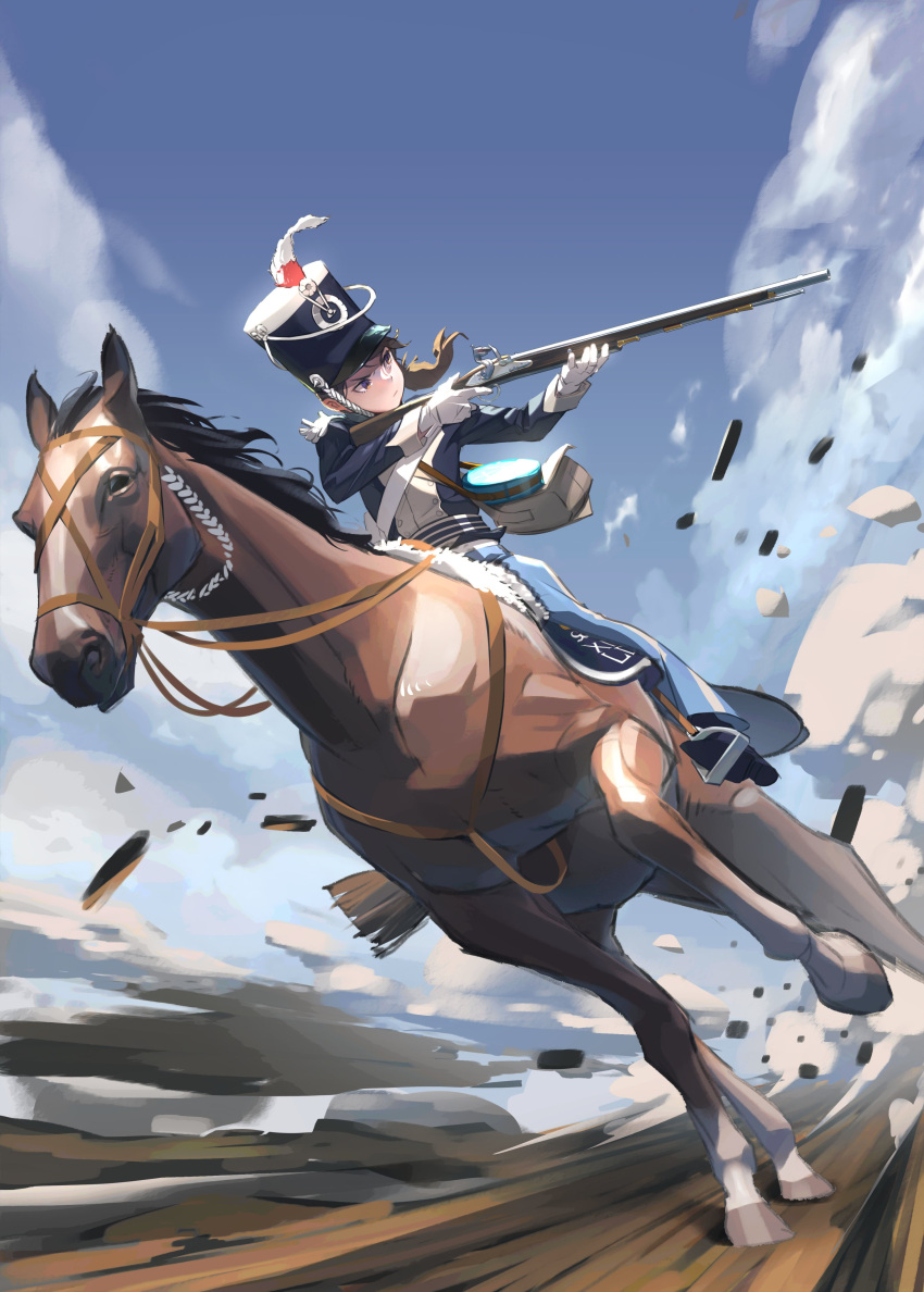 1girl absurdres bag blue_headwear blue_sky british_army clothing_request commentary debris epaulettes gloves gun highres holding holding_gun holding_weapon horse horseback_riding long_coat long_sleeves military military_uniform musket original outdoors reins riding rifle saddle seuhyo99 shoulder_bag sky solo stirrups uniform violet_eyes weapon weapon_request white_gloves