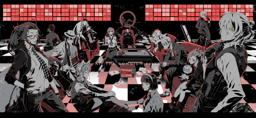 6+boys 6+girls absurdres adjusting_clothes adjusting_necktie adorabbit ai_the_somnium_files aiba_(ai_the_somnium_files) alternate_costume artist_name bangs belt black_hair blood blunt_bangs checkered_floor checkered_necktie collared_shirt copyright_name couch date_kaname dated different_reflection egg everyone expressionless facial_hair falco_(ai_the_somnium_files) fedora formal freckles gendou_pose glasses gun hair_between_eyes hair_bun hair_slicked_back hat headband high_heels highres holster ice_pick jewelry knees_together_feet_apart kumakura_moma kumakura_rouhan kuranushi_shizue letterboxed long_hair long_sleeves looking_at_viewer lying mannequin matsushita_ota mirror mole mole_under_eye mole_under_mouth monochrome multicolored_hair multiple_boys multiple_girls nadami_shouko nametake_cheese necktie okiura_mizuki okiura_renjuu on_couch opaque_glasses own_hands_clasped own_hands_together parted_lips partially_opaque_glasses pewter_(ai_the_somnium_files) ponytail red_eyes reflection rifle ring sagan_hitomi sagan_iris sanpaku sejima_sou serious shirt short_hair single_hair_bun sitting sitting_on_table spoilers spot_color streaked_hair stubble stuffed_toy suit sunglasses table television vest watch watch weapon yellow_eyes