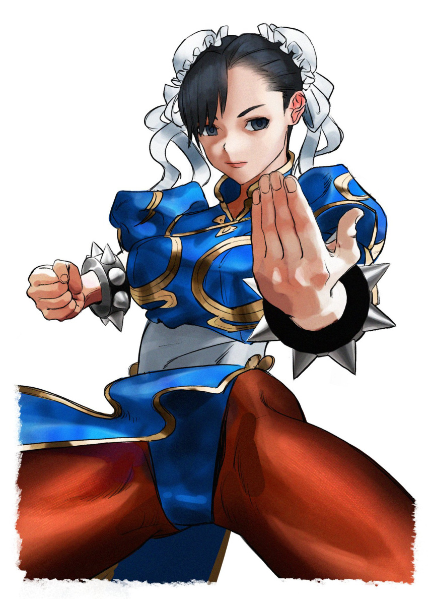 1girl black_bracelet black_hair bracelet brown_legwear chun-li clenched_hand closed_mouth double_bun fighting_stance fingernails frills grey_eyes hair_bun highres jewelry pantyhose pink_lips puffy_sleeves short_hair simple_background solo spiked_bracelet spikes street_fighter taiyou white_background