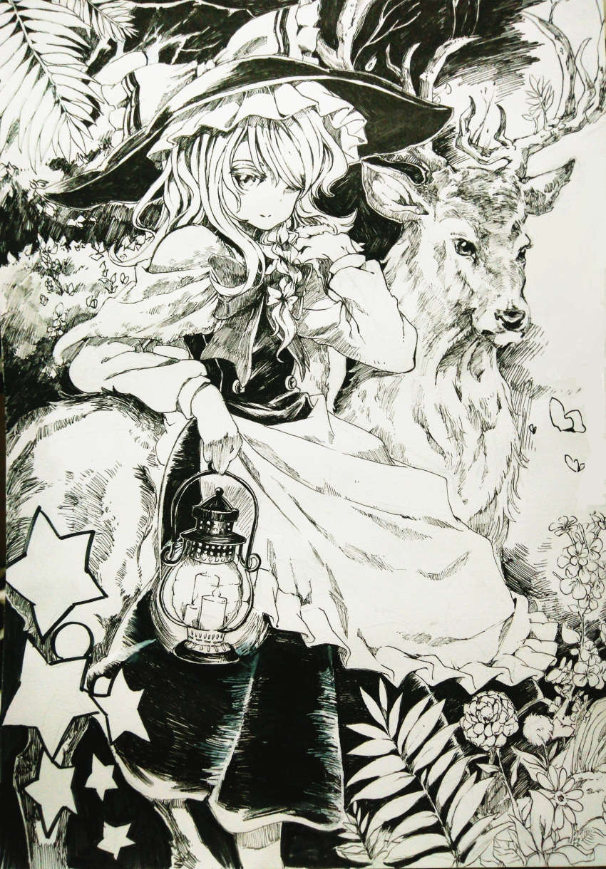 1girl absurdres adjusting_hair antlers apron arashigawa bow bowtie braid capelet chinese_commentary closed_mouth commentary deer flower greyscale hair_bow hair_over_one_eye hat hat_bow highres holding holding_lantern kirisame_marisa lantern leaf long_hair long_sleeves looking_at_viewer monochrome one_eye_covered plant single_braid skirt smile solo star_(symbol) touhou traditional_media vest waist_apron witch_hat