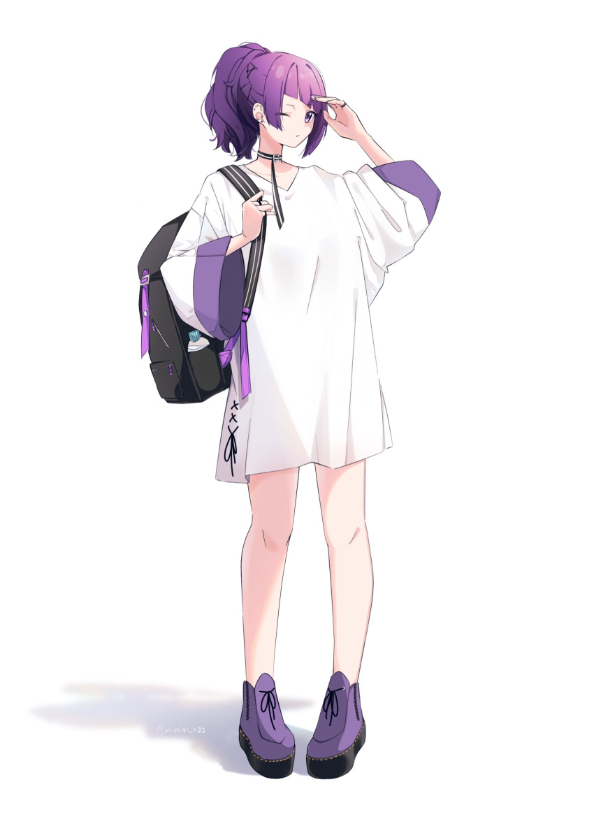 1girl ;| backpack bag bare_legs ear_piercing full_body highres idolmaster idolmaster_shiny_colors looking_afar messy_hair minorin oversized_clothes oversized_shirt piercing platform_footwear purple_footwear purple_hair shading_eyes shadow shirt simple_background solo tanaka_mamimi v-neck violet_eyes white_background white_shirt wide_sleeves