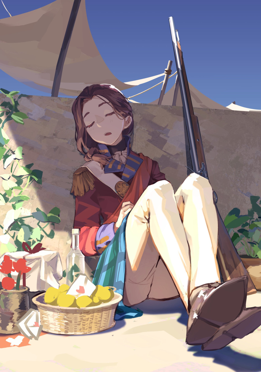 1girl absurdres against_wall bottle british_army brown_footwear brown_hair closed_eyes clothing_request crossed_legs epaulettes flower food gun heart highres letter military open_mouth original outdoors pants plant red_flower rifle seuhyo99 short_hair sleeping solo vines weapon