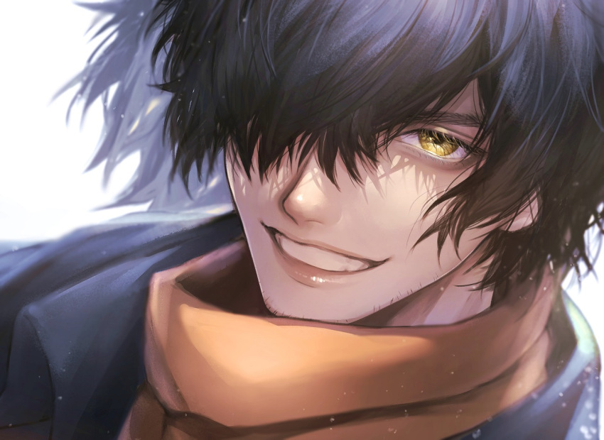 1boy bangs black_hair commentary face fate/grand_order fate/type_redline fate_(series) hair_over_one_eye japanese_clothes kimono koha-ace light_particles long_hair looking_at_viewer male_focus okada_izou_(fate) orange_scarf ponytail scarf simple_background smile solo teeth white_background yellow_eyes yuta_arata