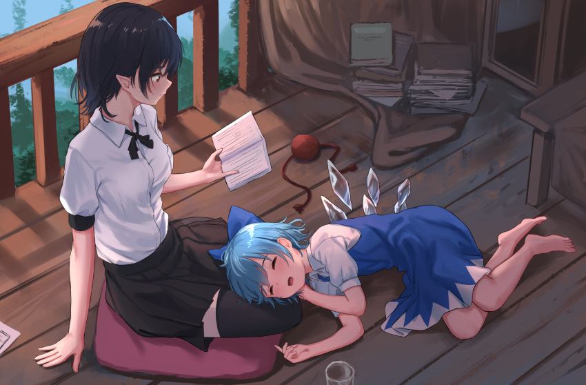 2girls barefoot black_hair black_legwear black_skirt blue_dress blue_hair blush book cirno closed_eyes collared_shirt cushion detached_wings dress fairy hat hat_removed headwear_removed holding holding_book ice ice_wings multiple_girls open_book open_mouth pleated_skirt pointy_ears puffy_short_sleeves puffy_sleeves red_eyes red_headwear roke_(taikodon) shameimaru_aya shirt short_hair short_sleeves skirt thigh-highs tokin_hat touhou white_shirt wings zabuton