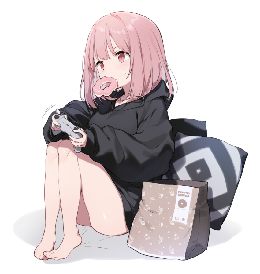 1girl bag baggy_clothes barefoot controller doughnut feet food fujiyama highres medium_hair original paper_bag pillow pink_eyes pink_hair solo sweater tagme