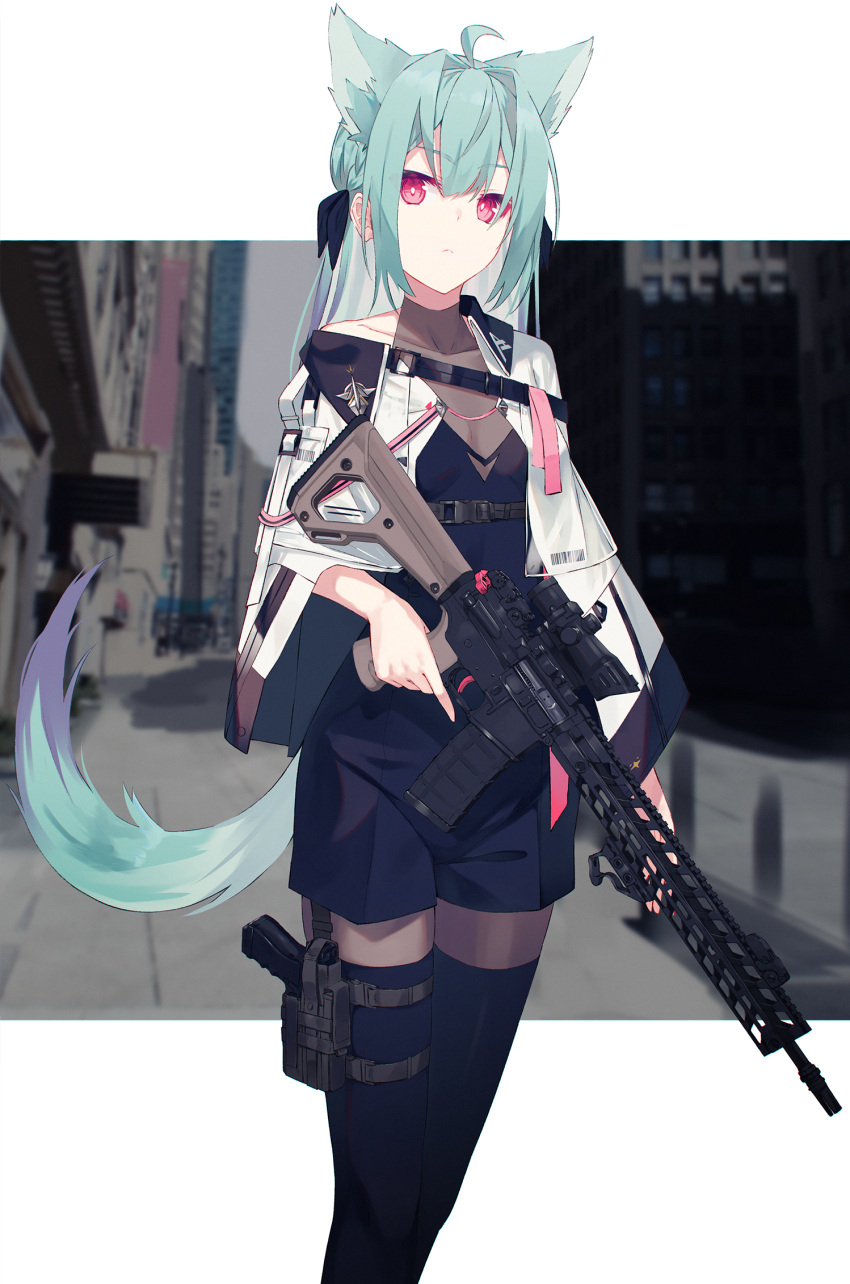 1girl animal_ear_fluff animal_ears ar-15 assault_rifle bangs bare_shoulders braid breasts collarbone commentary extra_ears fox_ears fox_girl fox_tail green_hair gun hair_between_eyes handgun highres holding holding_gun holding_weapon holster holstered_weapon jacket long_hair long_sleeves looking_at_viewer nagishiro_mito original red_eyes ribbon rifle scope shorts side_braid sidelocks small_breasts solo tail tail_raised thigh-highs thigh_holster thigh_strap trigger_discipline weapon white_jacket zettai_ryouiki