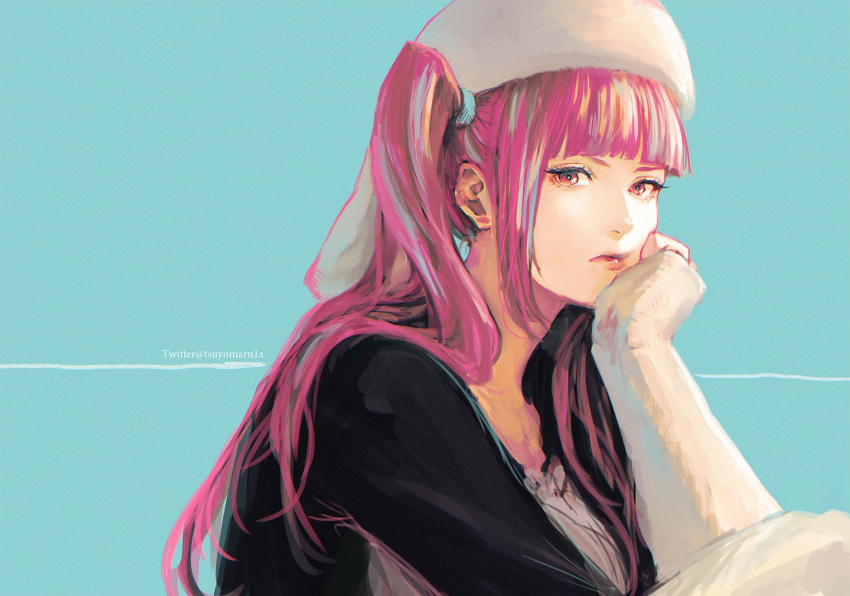 1girl bangs bleach blue_background blunt_bangs closed_mouth dokugamine_riruka eyelashes female hat highres long_hair long_sleeves looking_at_viewer pink_hair red_eyes sketch sleeves_past_wrists solo tsuyomaru twintails upper_body white_headwear