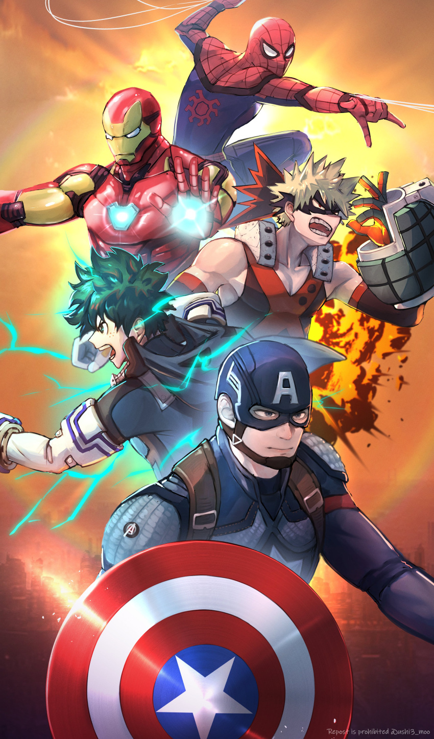 5boys absurdres animal_print avengers_(series) bakugou_katsuki bare_shoulders bodysuit boku_no_hero_academia captain_america crossover electricity explosion eye_mask full_cowling_(boku_no_hero_academia) gloves green_bodysuit green_gloves highres iron_man male_focus marvel midoriya_izuku multiple_boys open_mouth shield spider-man spider_print spider_web_print star_(symbol) superhero twitter_username two-tone_bodysuit ushi3_moo white_gloves