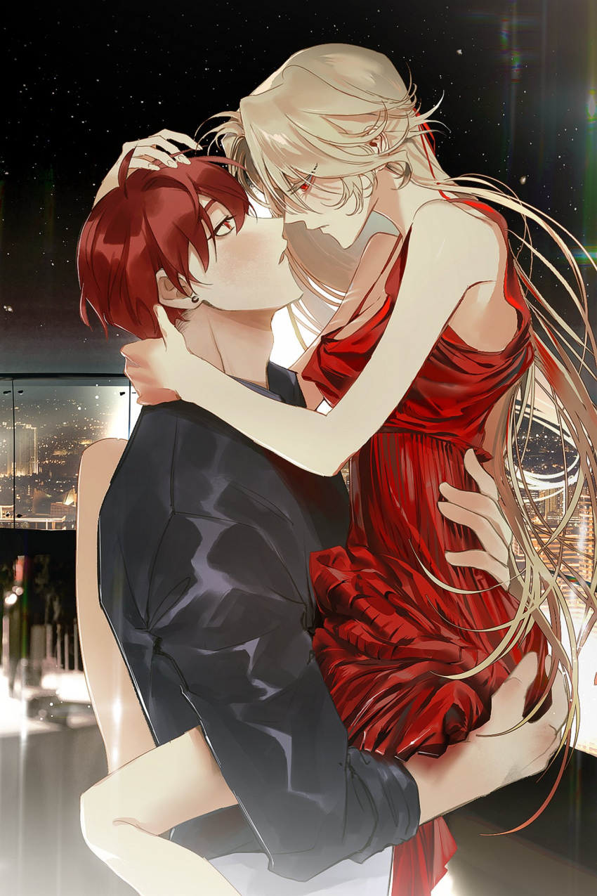 1boy 1girl bare_shoulders black_shirt blonde_hair collared_shirt colored_eyelashes dress expressionless face-to-face hand_on_another's_head head_hug hetero highres korean_commentary long_hair on_lap original red_dress red_eyes redhead shirt short_hair sleeves_rolled_up volff