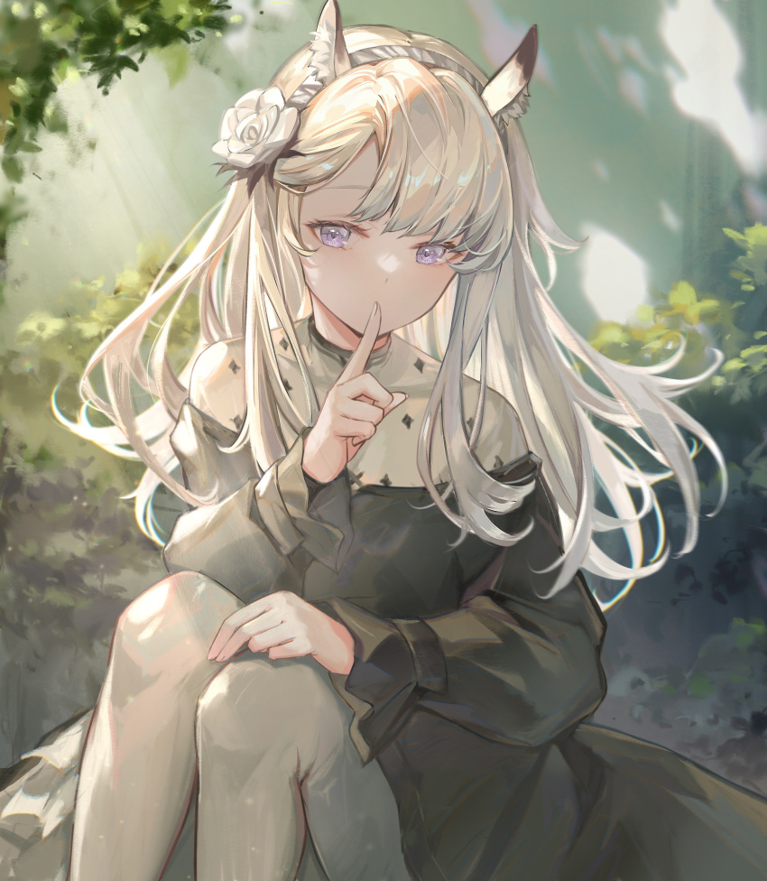 1girl absurdres animal_ears arknights black_dress day dress feet_out_of_frame finger_to_mouth flower hair_flower hair_ornament hand_up heavyrain_(arknights) heavyrain_(tranquil_moss)_(arknights) highres horse_ears horse_girl knees_up long_hair official_alternate_costume outdoors pantyhose plant shushing sitting solo sybilking violet_eyes white_flower white_pantyhose
