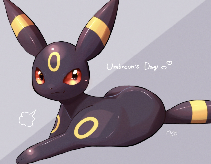 :3 =3 character_name closed_mouth commentary_request dated grey_background highres lying no_humans okoge_(simokaji) pokemon pokemon_(creature) red_eyes shiny signature smile solo umbreon
