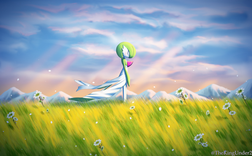 1girl absurdres artist_name bangs blue_sky blush bob_cut closed_eyes clouds cloudy_sky colored_skin commentary_request day flat_chest flower from_side gardevoir grass green_hair green_skin highres legs_together light_blush light_rays mountainous_horizon outdoors own_hands_together pokemon pokemon_(creature) profile short_hair sky solo standing thekingunder twitter_username two0tone_skin u_u watermark white_flower white_skin wide_shot