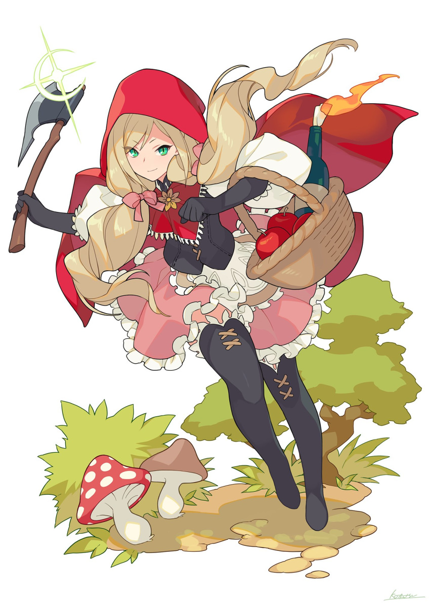 1girl apple axe basket black_footwear black_gloves blonde_hair boots bow closed_mouth food fruit full_body gloves green_eyes hair_bow hatchet_(axe) highres holding holding_axe hood hood_up kotatsu_(g-rough) little_red_riding_hood little_red_riding_hood_(grimm) looking_at_viewer low_twintails mushroom pink_bow pink_skirt red_apple simple_background skirt smile smug solo thigh_boots twintails white_background