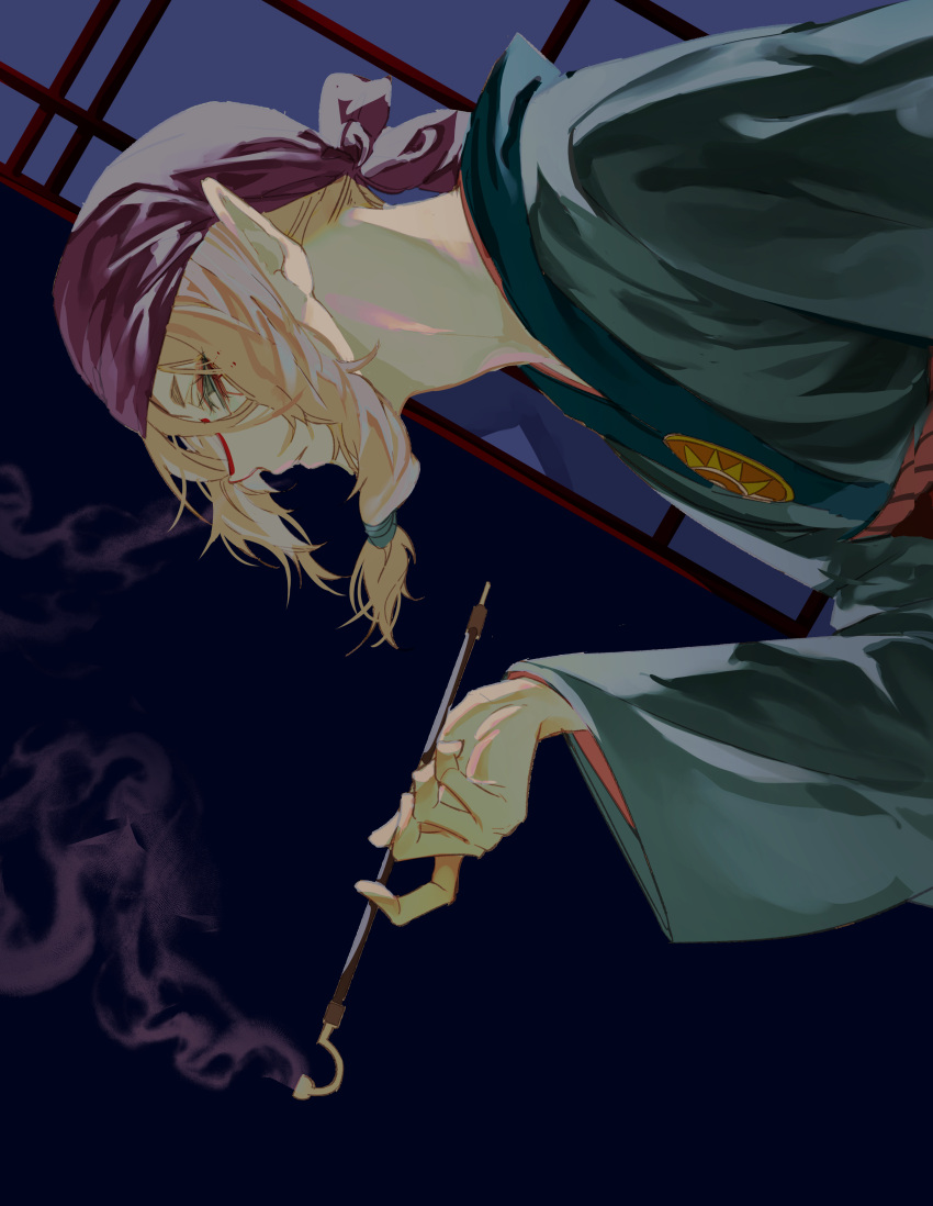 absurdres bandana black_background blonde_hair braid character_request copyright_request from_side green_eyes highres indoors japanese_clothes kimono nea_(nongta2002) original screen_door short_hair simple_background smoke smoking smoking_pipe upper_body