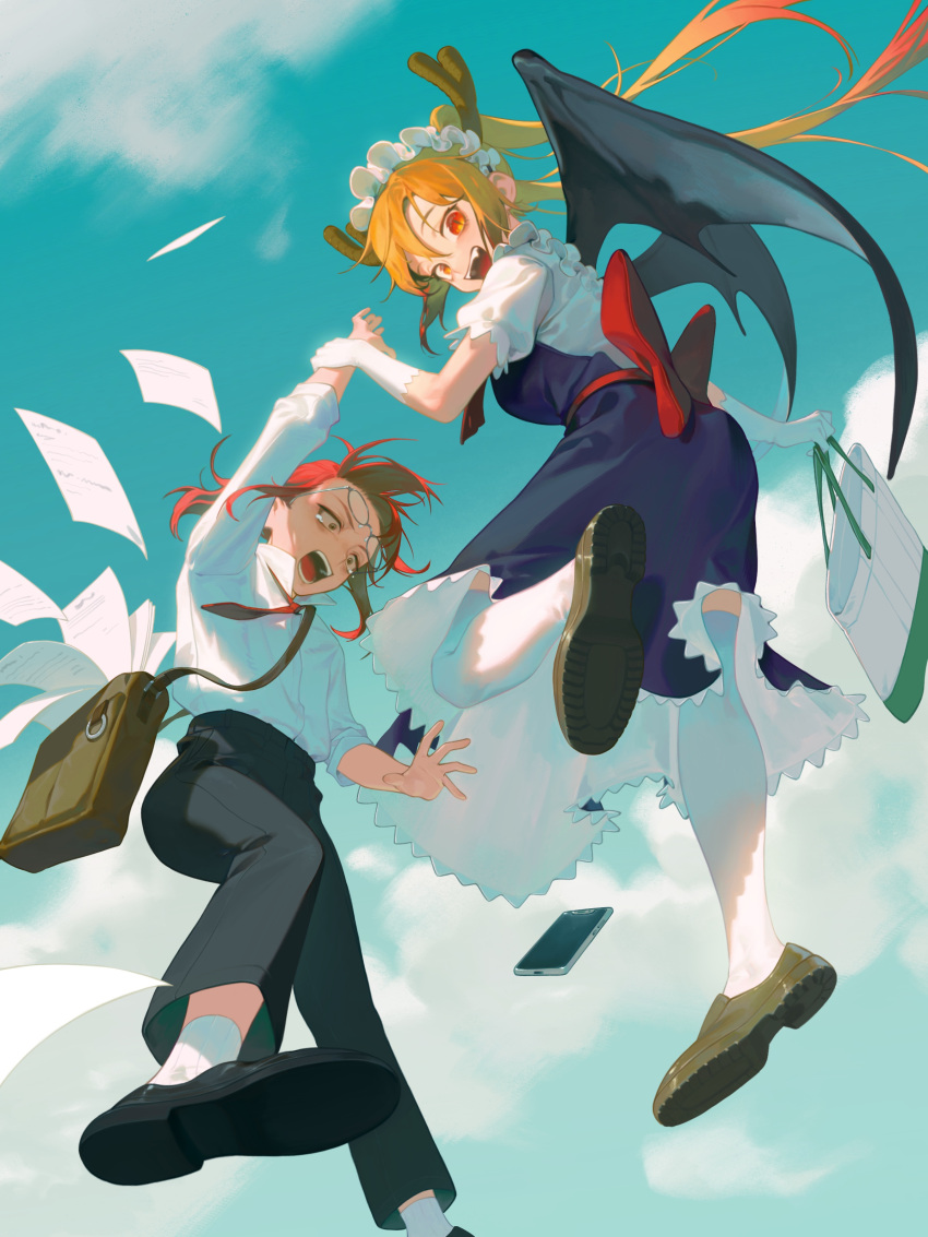 2girls :d absurdres arm_up bag bangs black_footwear black_pants black_wings blonde_hair blue_sky bow brown_eyes brown_footwear cellphone chinese_commentary clouds collared_shirt commentary_request day dragon_girl dragon_horns dragon_wings falling fangs floating_hair flying foot_out_of_frame formal from_below glasses gloves high-waist_pants highres holding holding_another's_wrist holding_bag horns kobayashi-san_chi_no_maidragon kobayashi_(maidragon) linkecat long_hair long_sleeves looking_down maid maid_headdress multiple_girls necktie open_mouth orange_eyes outdoors pants paper phone puffy_short_sleeves puffy_sleeves red_necktie redhead scared shirt shoes short_hair short_sleeves sky slit_pupils smartphone smile tears tohru_(maidragon) twintails waist_bow white_gloves white_shirt white_socks white_thighhighs wide-eyed wings